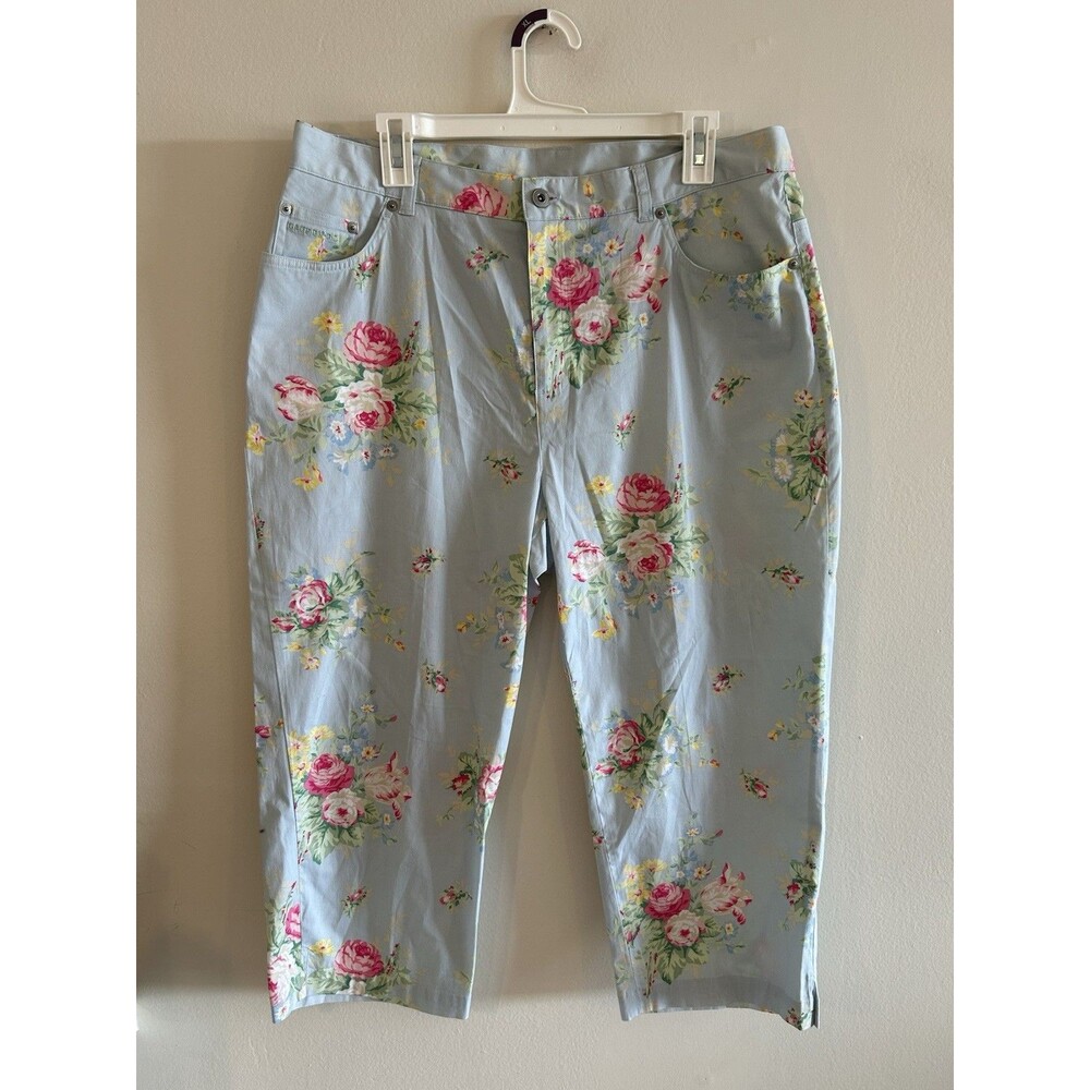 Lauren Ralph Lauren Women Blue Floral Print Cotton Cargo Capris Size 14W